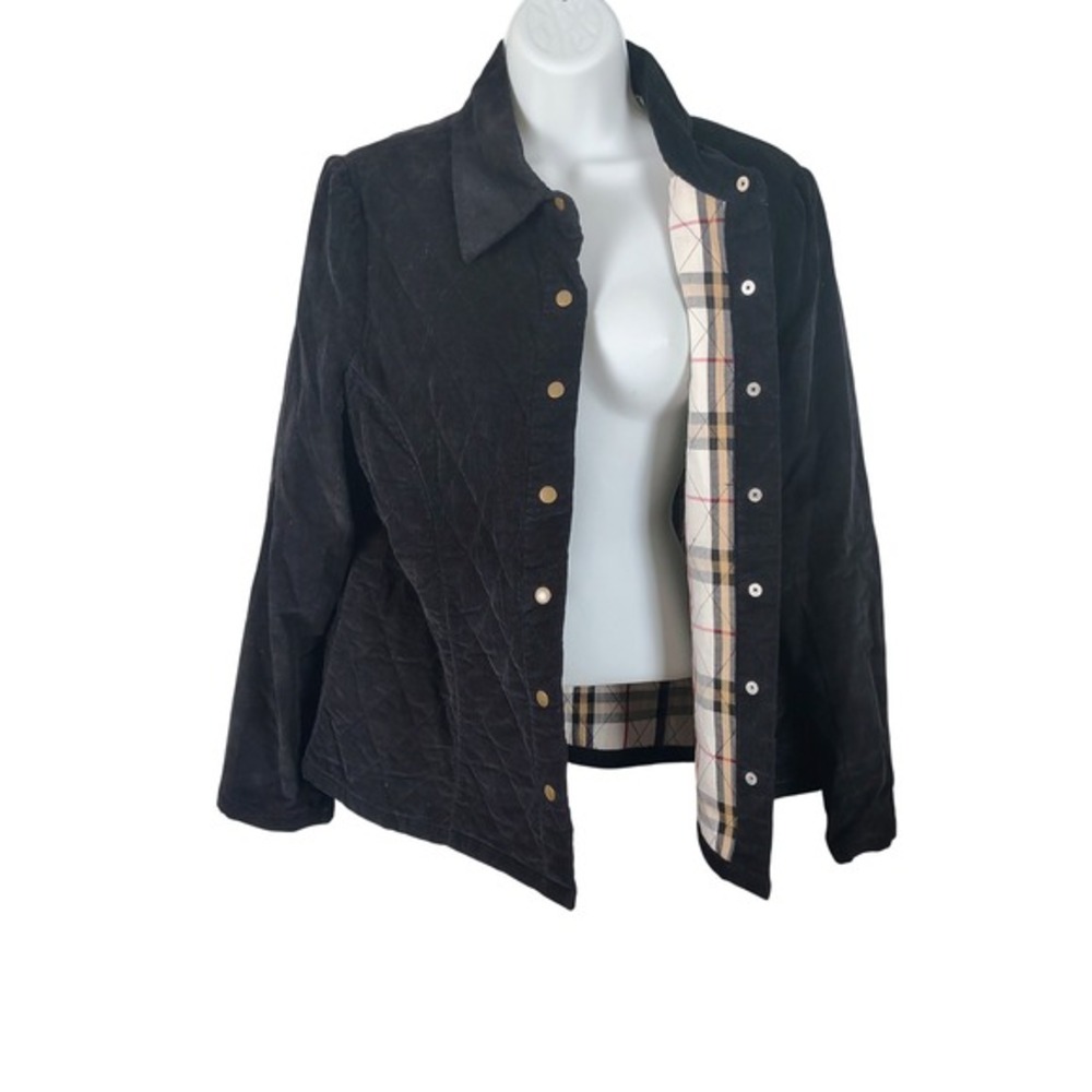 Kim Rogers Black Quilted Corduroy Jacket Plaid Lined Petite Large PL Snap Front - Picture 1 of 8